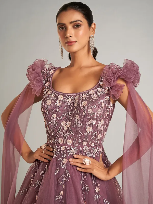 Wine designer gown in net