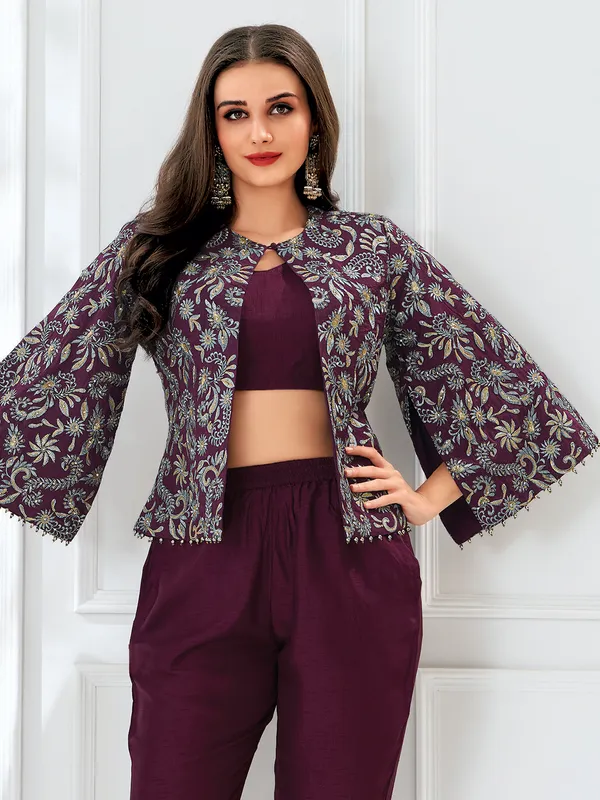 Wine dola silk salwar suit with jacket