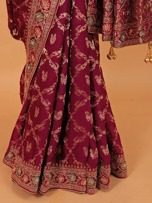 Wine dola silk wedding wear saree
