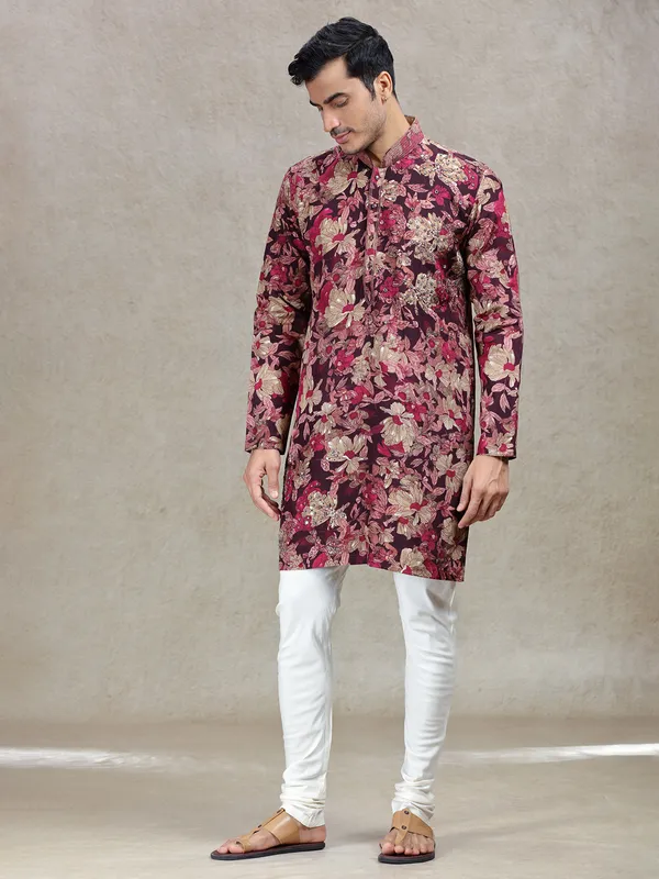 Wine elegant sophistication printed kurta set for men