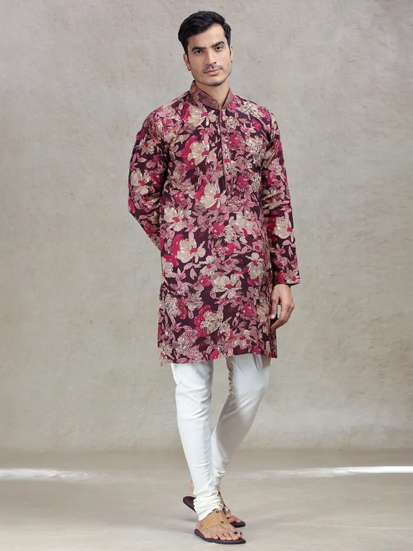 Wine elegant sophistication printed kurta set for men