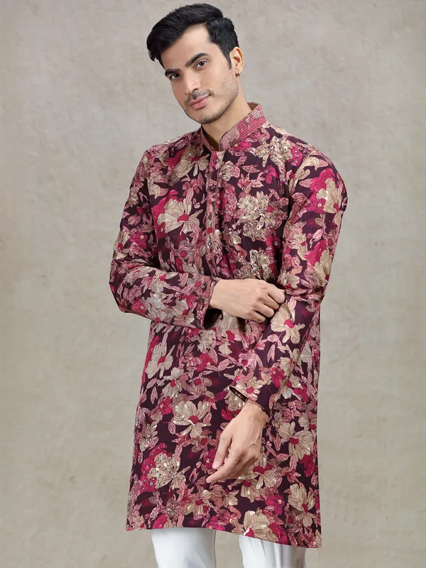 Wine elegant sophistication printed kurta set for men
