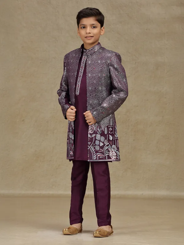 Wine embroidered silk indowestern for boys