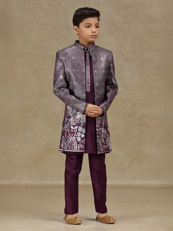 Wine embroidered silk indowestern for boys
