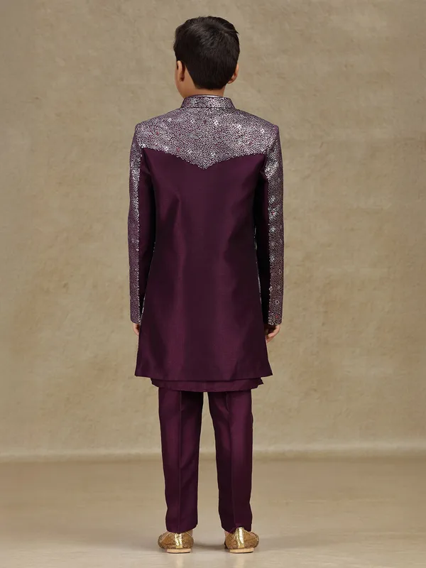 Wine embroidered silk indowestern for boys