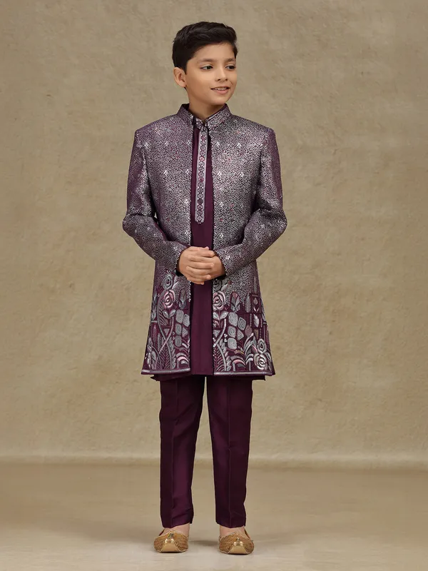 Wine embroidered silk indowestern for boys