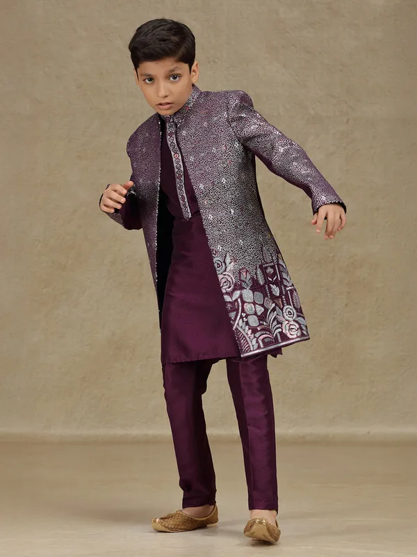 Wine embroidered silk indowestern for boys