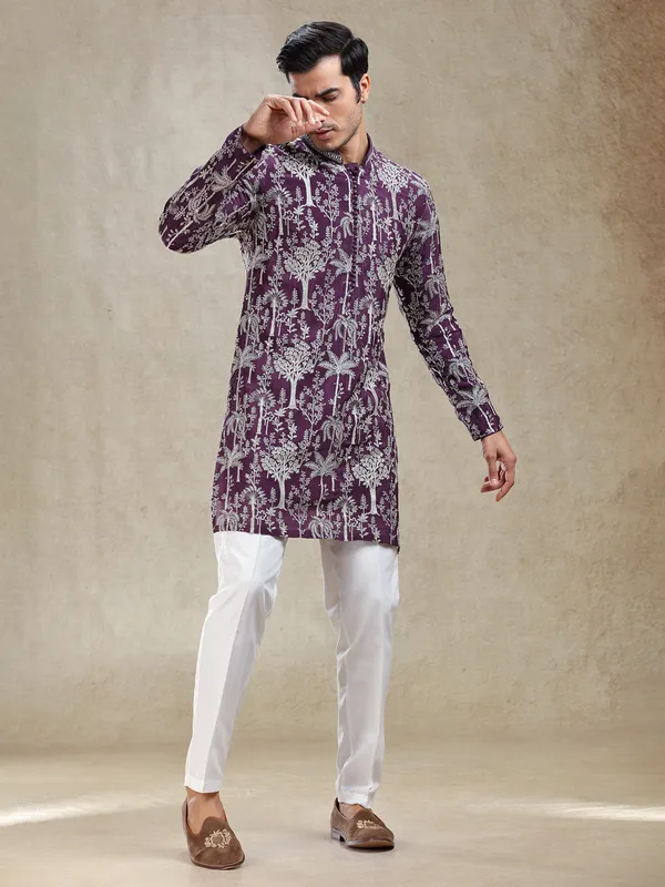 Wine festive ready kurta ensemble for gentlemen