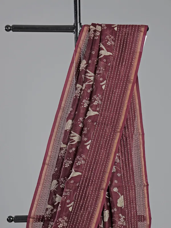 Wine floral print saree in semi cotton