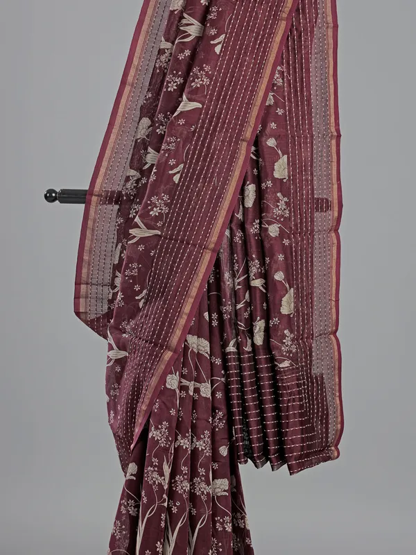 Wine floral print saree in semi cotton