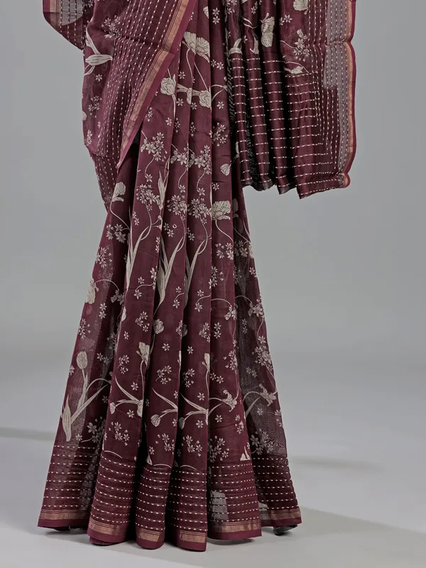 Wine floral print saree in semi cotton