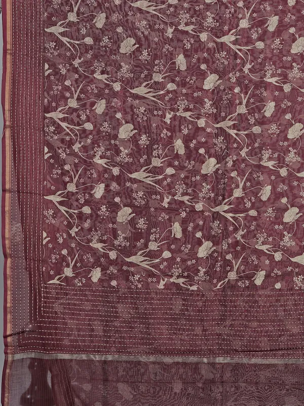 Wine floral print saree in semi cotton