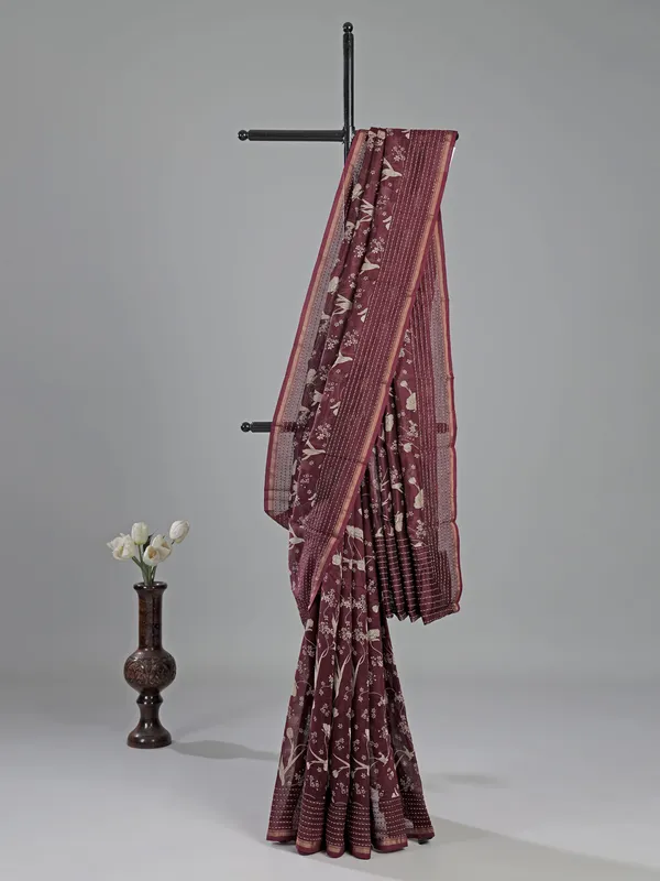 Wine floral print saree in semi cotton