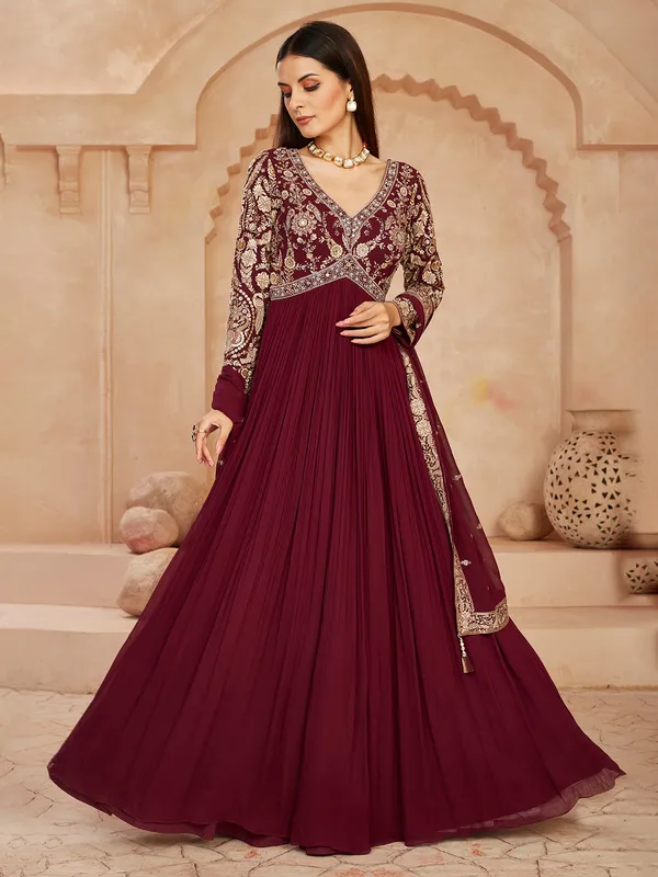 Wine georgette anarkali suit with dupatta for women