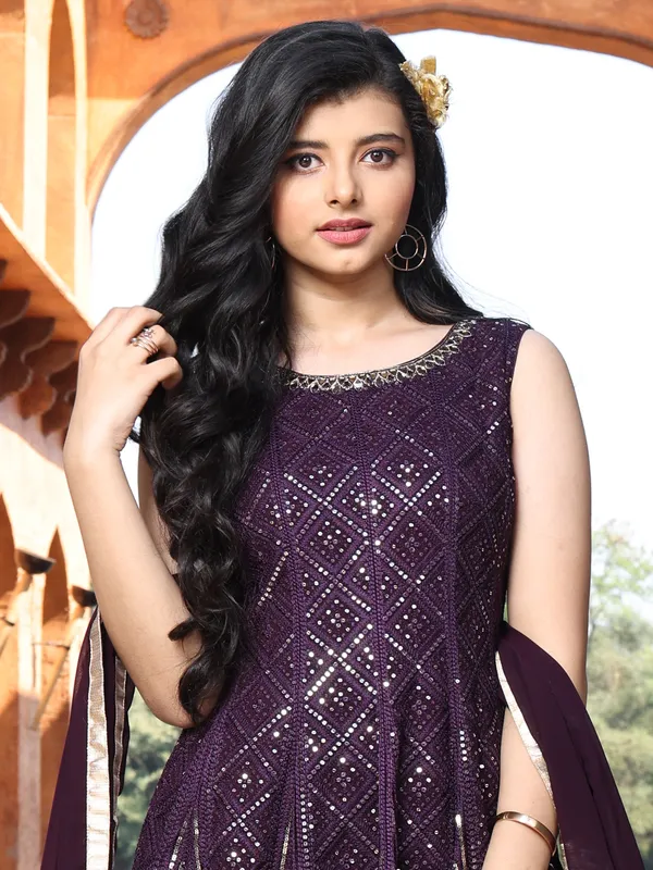Wine georgette embroidery sharara set