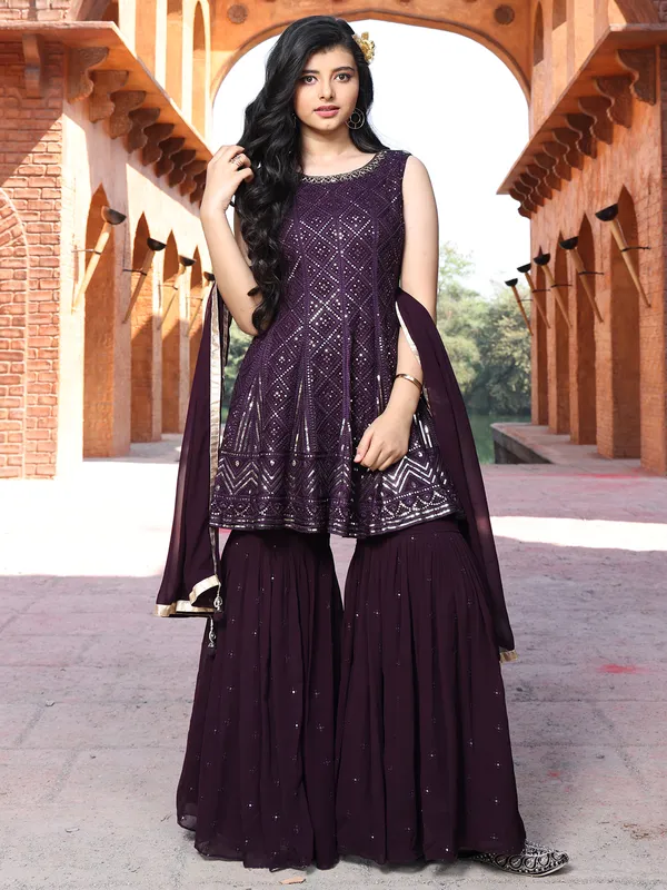 Wine georgette embroidery sharara set