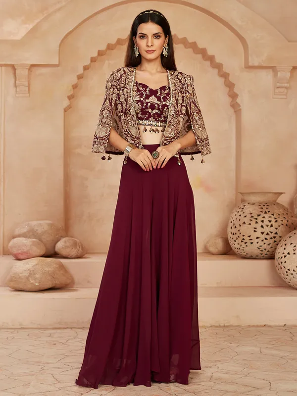Wine georgette jacket style palazzo suit