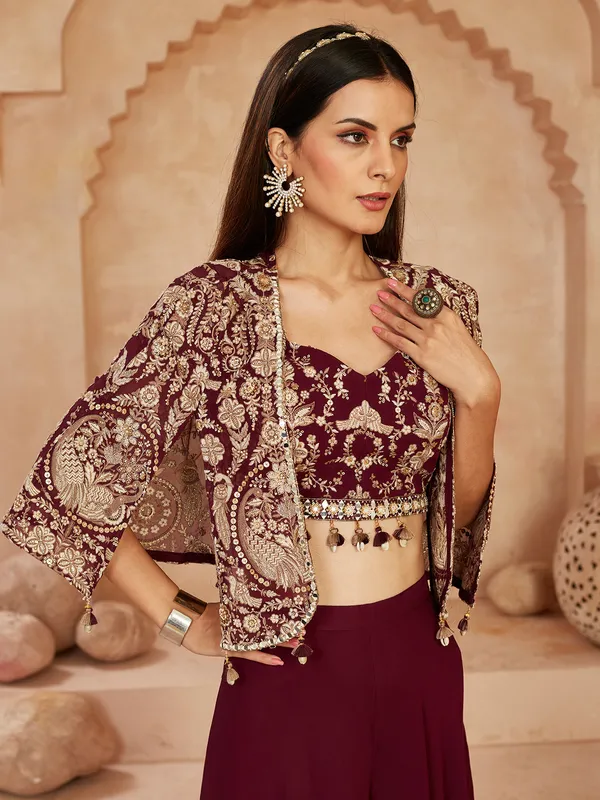 Wine georgette jacket style palazzo suit