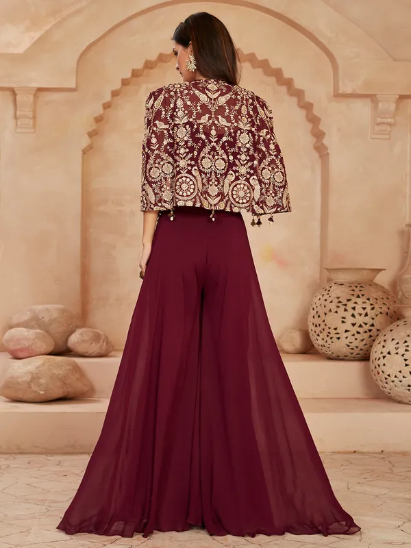 Wine georgette jacket style palazzo suit
