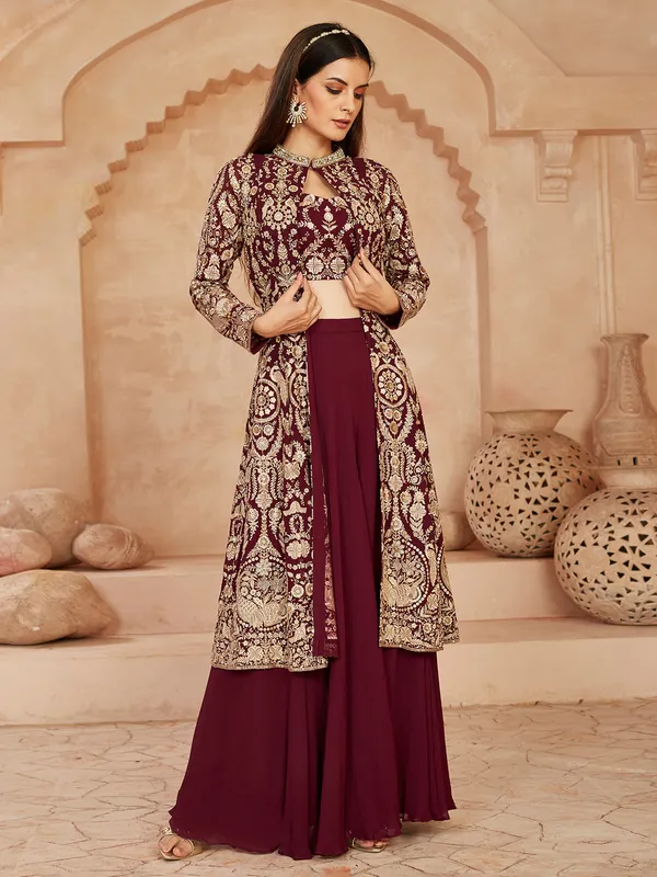 Wine georgette jacket style palazzo suit with beads
