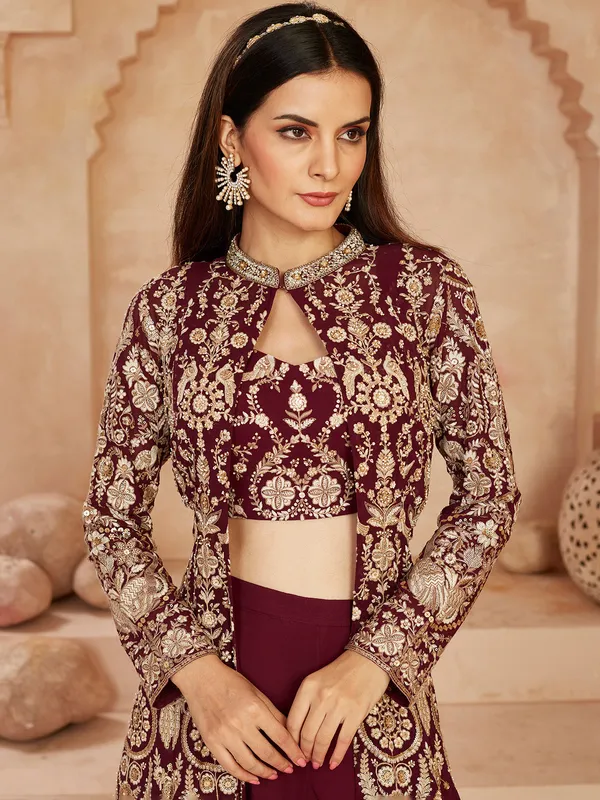 Wine georgette jacket style palazzo suit with beads
