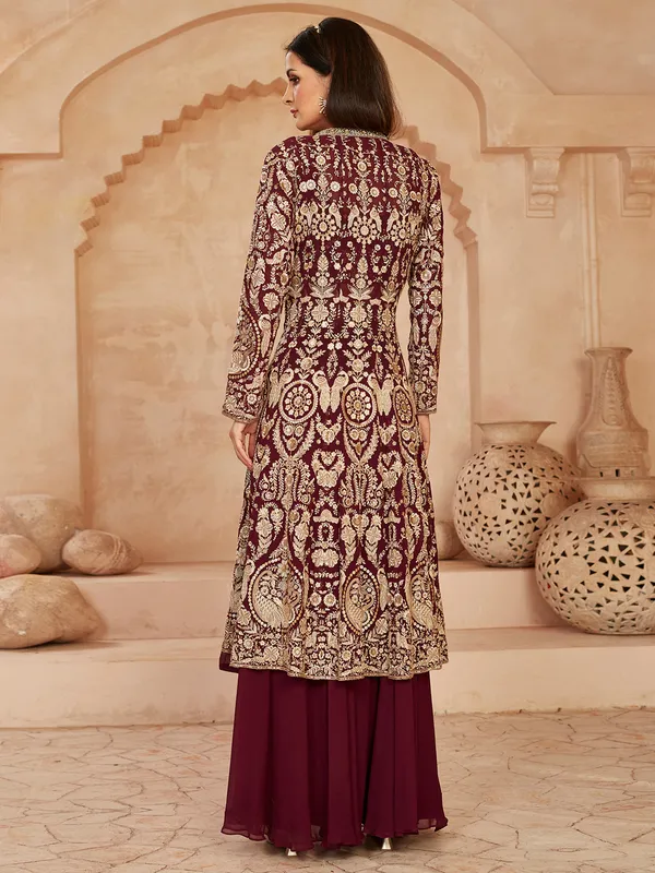 Wine georgette jacket style palazzo suit with beads