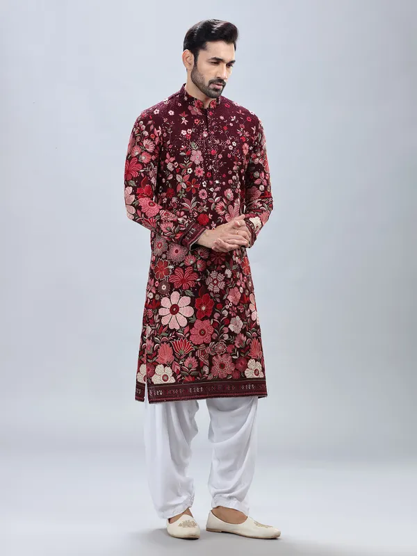 Wine georgette kurta set with multicolor embroidery