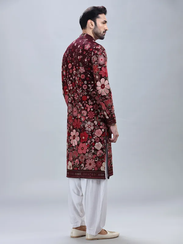 Wine georgette kurta set with multicolor embroidery