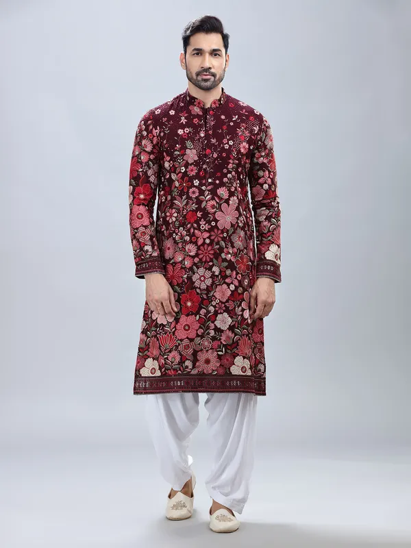 Wine georgette kurta set with multicolor embroidery