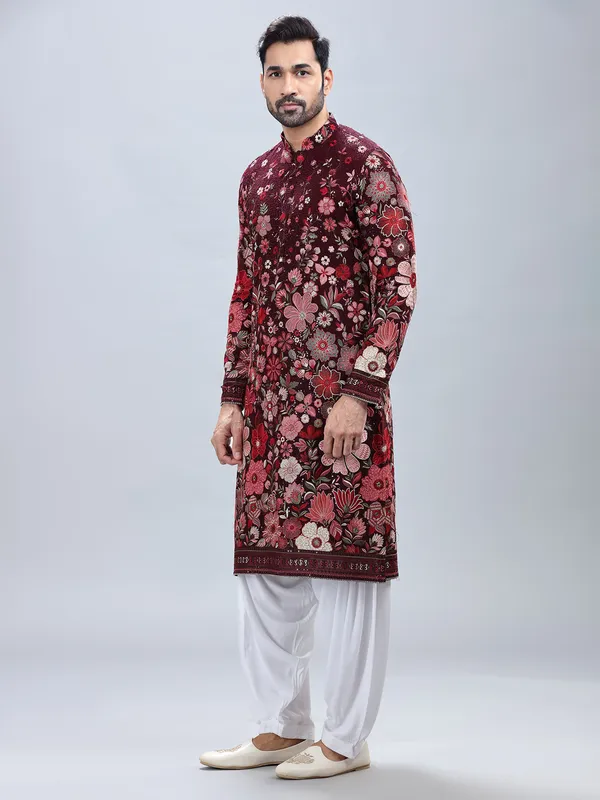 Wine georgette kurta set with multicolor embroidery