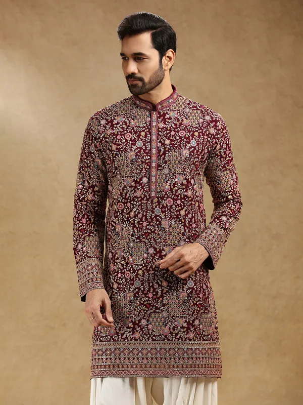 Wine georgette kurta suit for festive wear