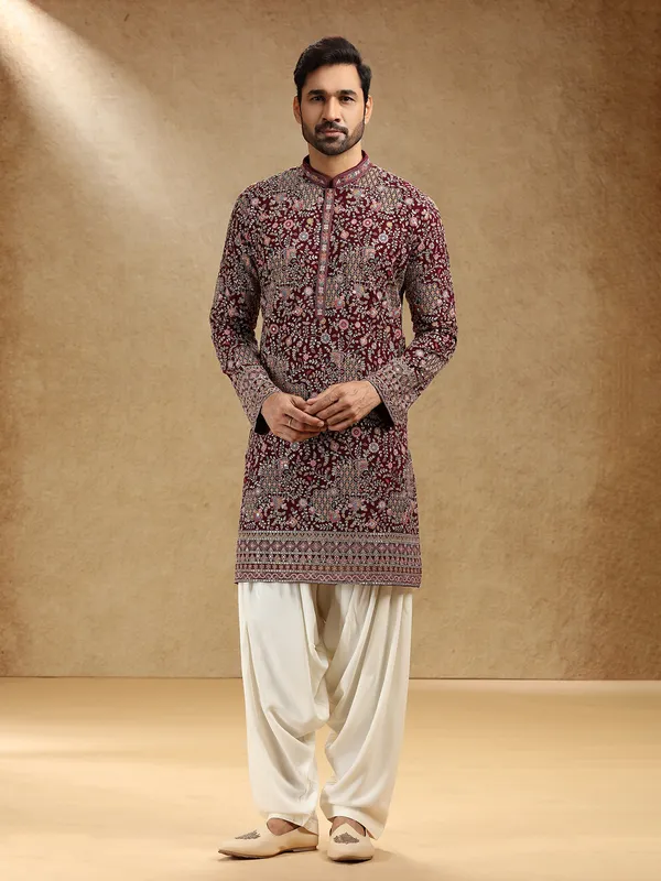 Wine georgette kurta suit for festive wear