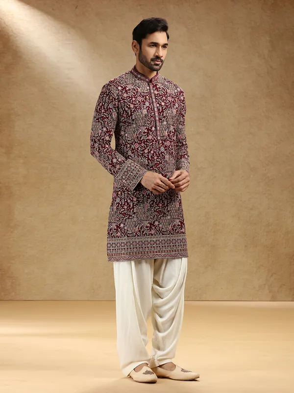 Wine georgette kurta suit for festive wear