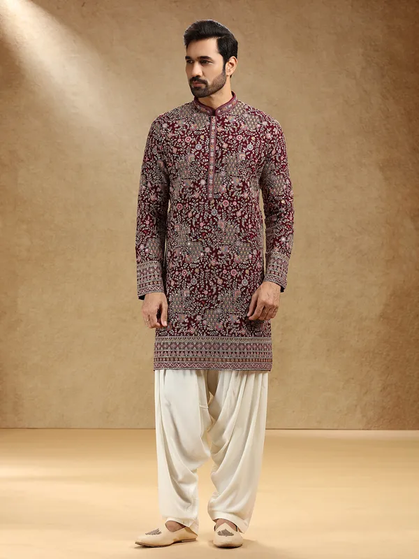 Wine georgette kurta suit for festive wear