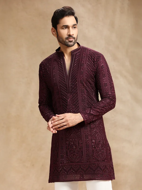 Wine georgette kurta suit with embroidery