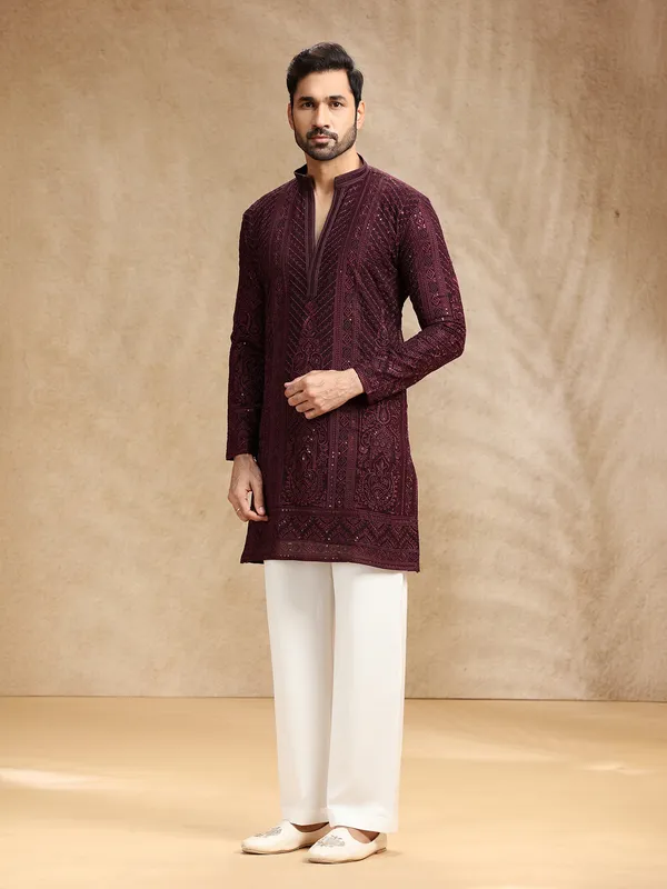 Wine georgette kurta suit with embroidery