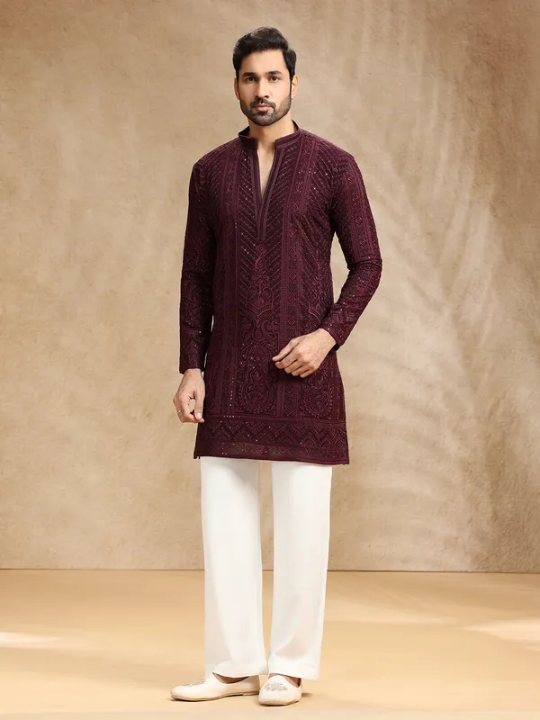 Wine georgette kurta suit with embroidery