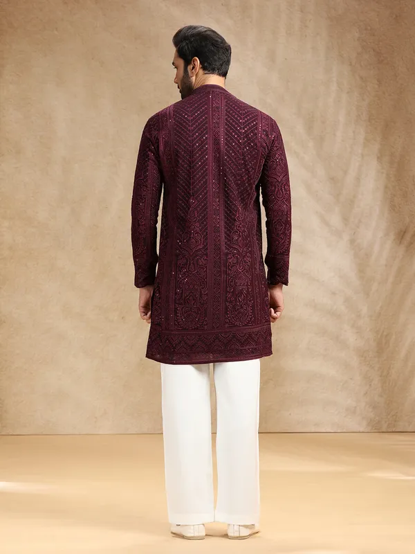 Wine georgette kurta suit with embroidery