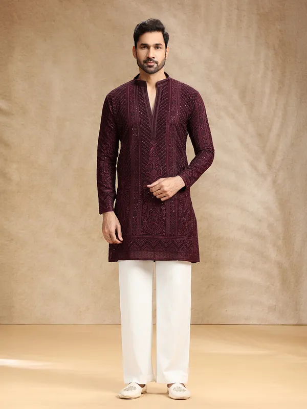 Wine georgette kurta suit with embroidery