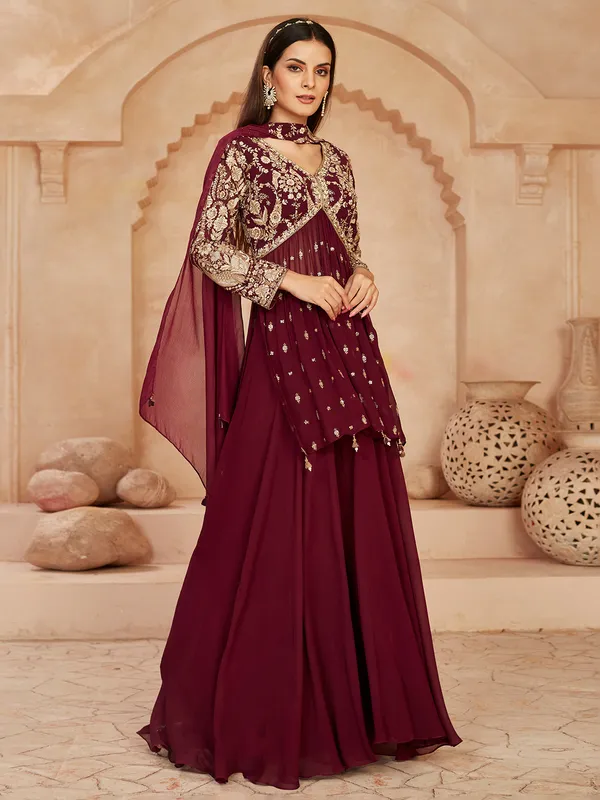 Wine georgette pakistani palazzo suit with dupatta