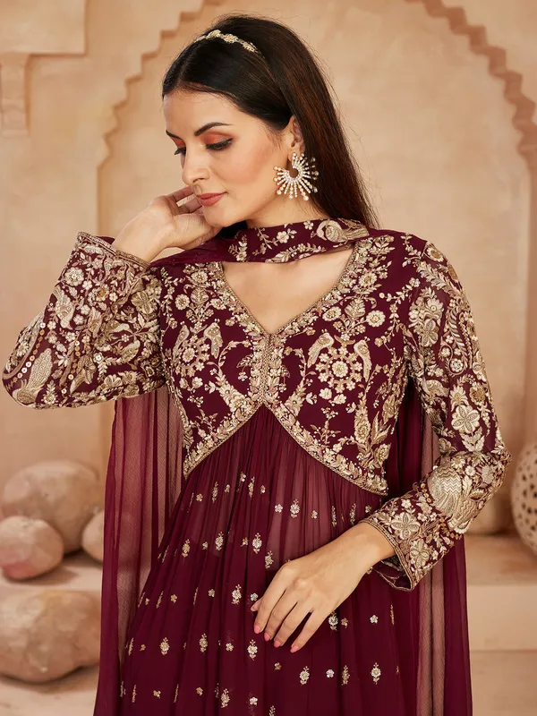Wine georgette pakistani palazzo suit with dupatta