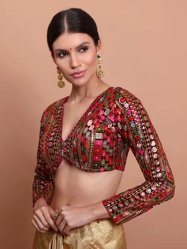 Wine georgette ready made blouse with embroidery