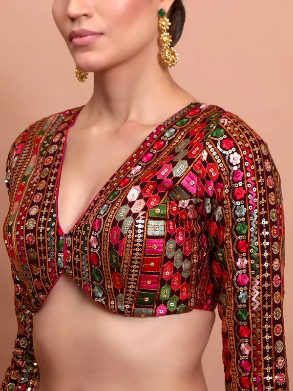 Wine georgette ready made blouse with embroidery
