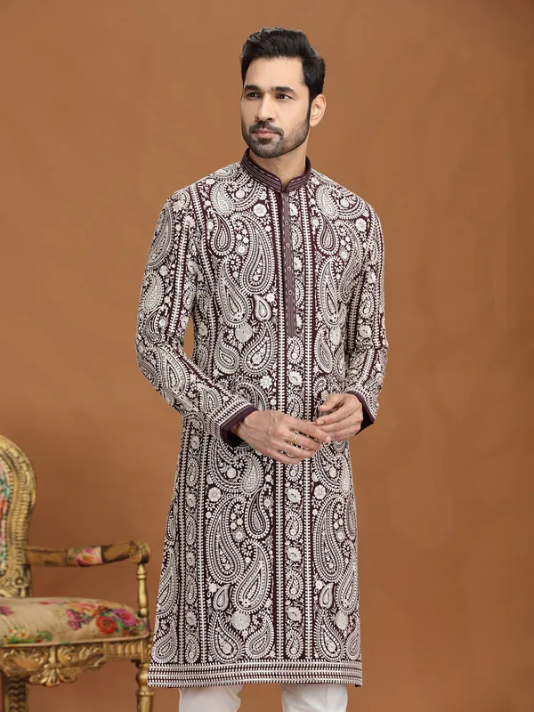 Wine georgette resham embroidered kurta suit