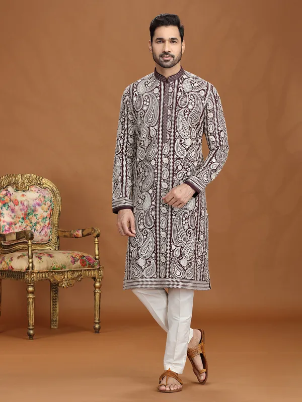 Wine georgette resham embroidered kurta suit