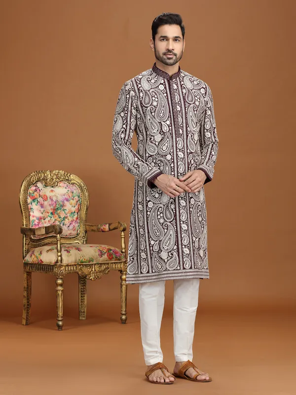 Wine georgette resham embroidered kurta suit