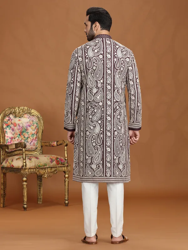 Wine georgette resham embroidered kurta suit
