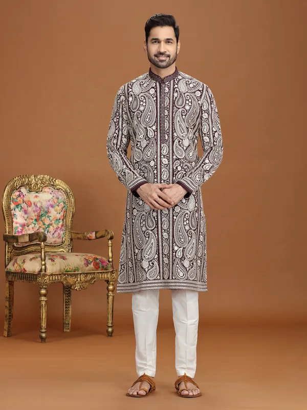 Wine georgette resham embroidered kurta suit