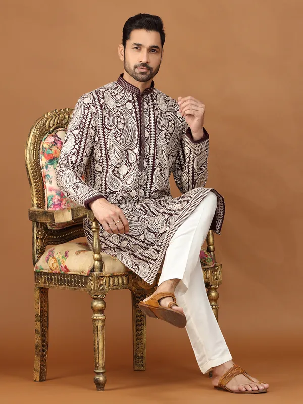 Wine georgette resham embroidered kurta suit