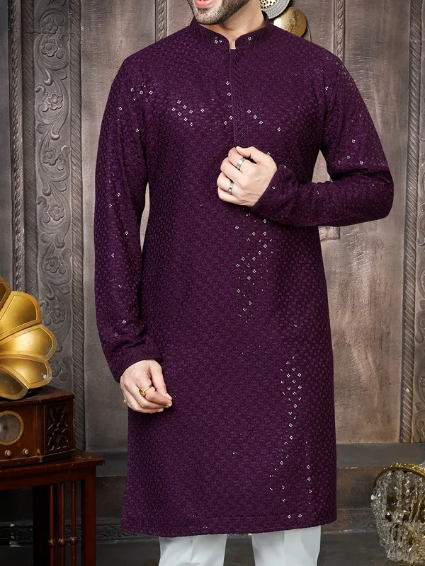 Wine georgette sequins kurta suit for men